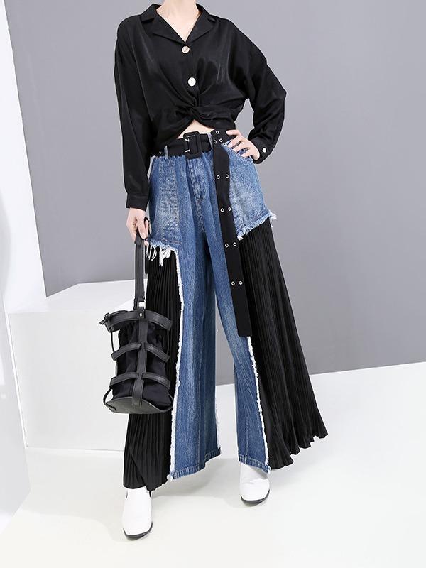 Loose Split-joint Pleated Jean Pants