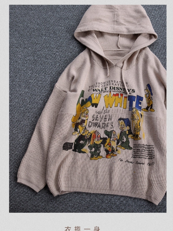 VINTAGE LETTER PRINTED CASUAL KNIT HOODIE SWEATER