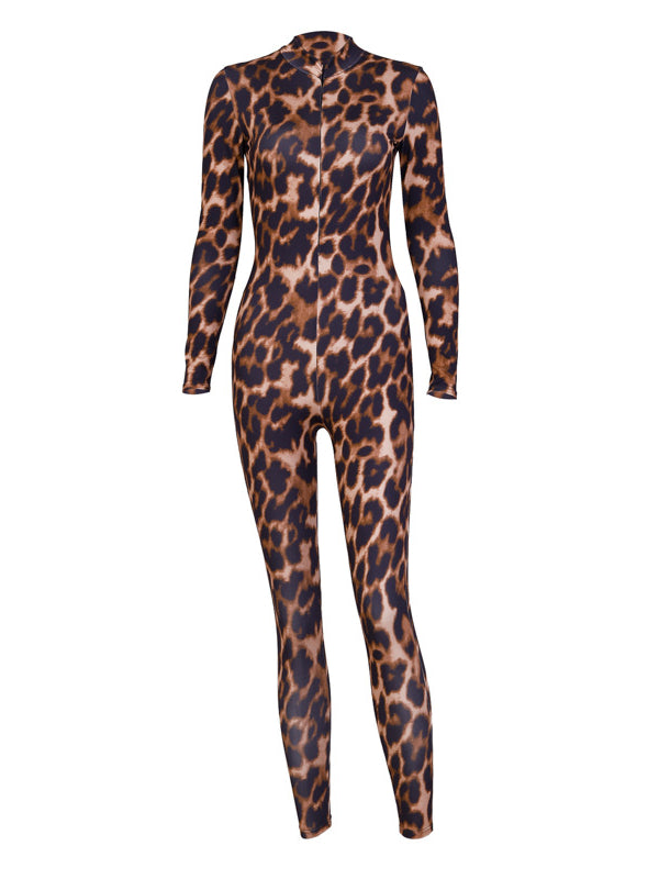 Leopard Printed Empire Zipper Jumpsuits