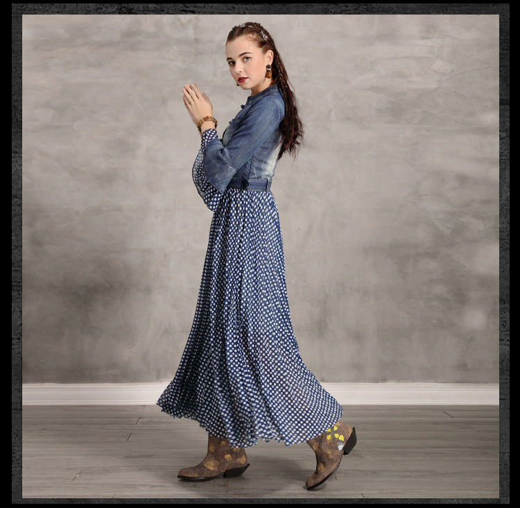Flare Sleeve Single Breasted Denim Maxi Dresses