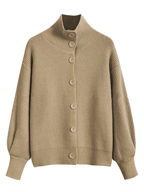 Simple Buttoned Stand Collar Long Sleeves Loose Cardigans Tops