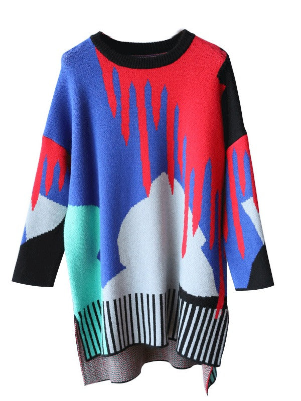 LOOSE CONTRAST COLOR HIGH-LOW KNITTING SWEATER