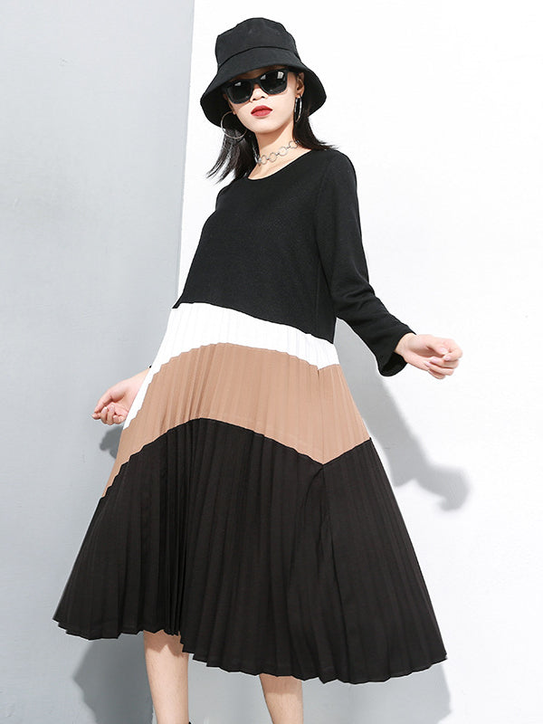 Knit Stitching Color Round Neck Midi Dress