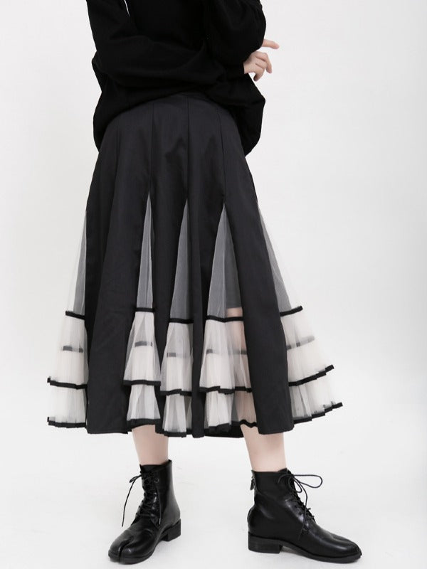 HIGH-RISE MESH LACE PLEATED SKIRT