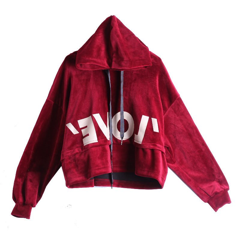 Letter Printed Loose Velvet Hoodie