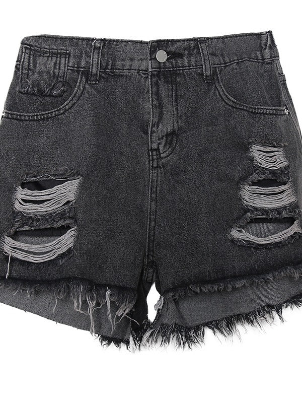 HIGH-WAIST HOLLOW HIGH-LOW DENIM SHORTS