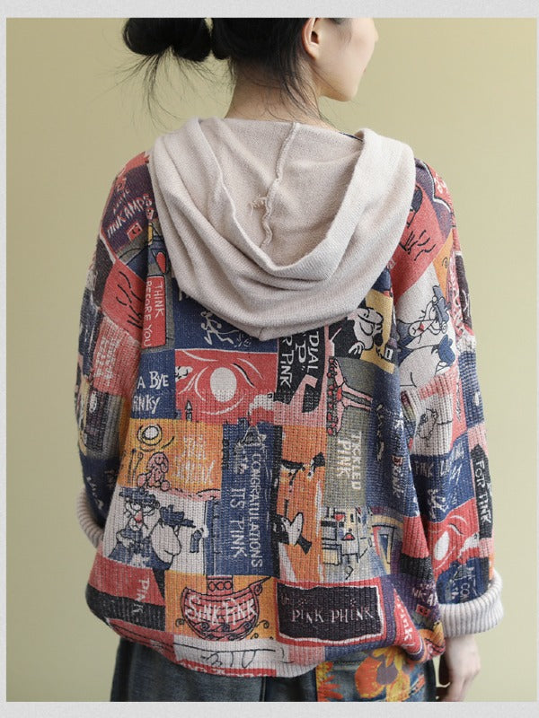 LITERARY RETRO PRINTED KNIT HOODIE SWEATER