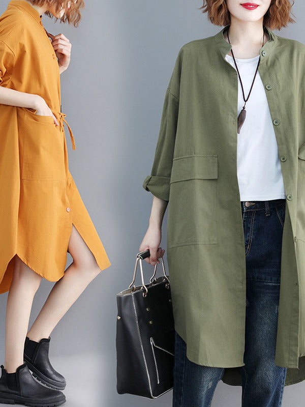 LOOSE DRAWSTRING LARGE POCKET SHIRT DRESS