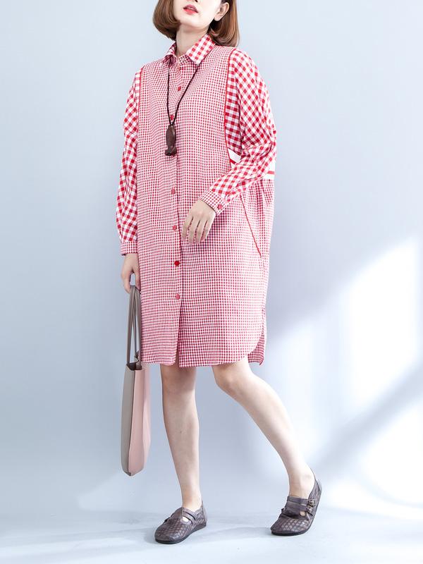 Literary Plaid Split-joint Long Dress