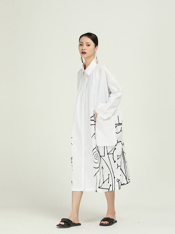 Loose Cropped Graffiti Print Splicing Shirt Dress