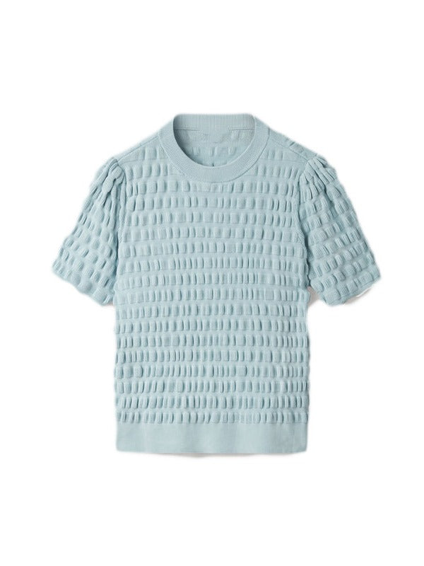 KNIT ROUND NECK PLEATED PUFF SLEEVE T-SHIRT