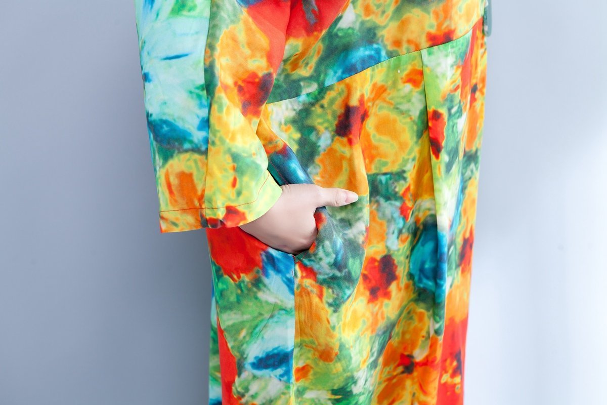 Colorful Printed Round Neck Long Sleeve Spring Dress