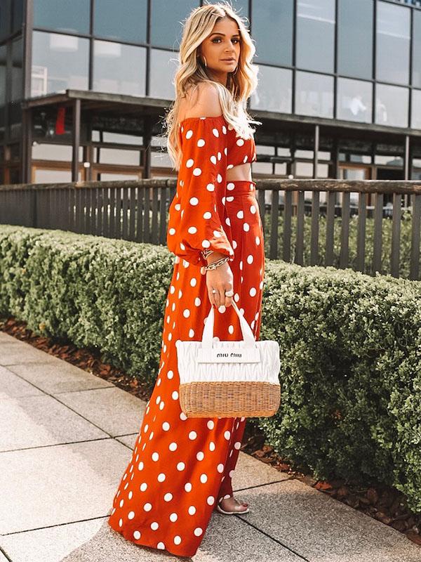 Polka-dot Puff Sleeves Blouses&Skirt Suits