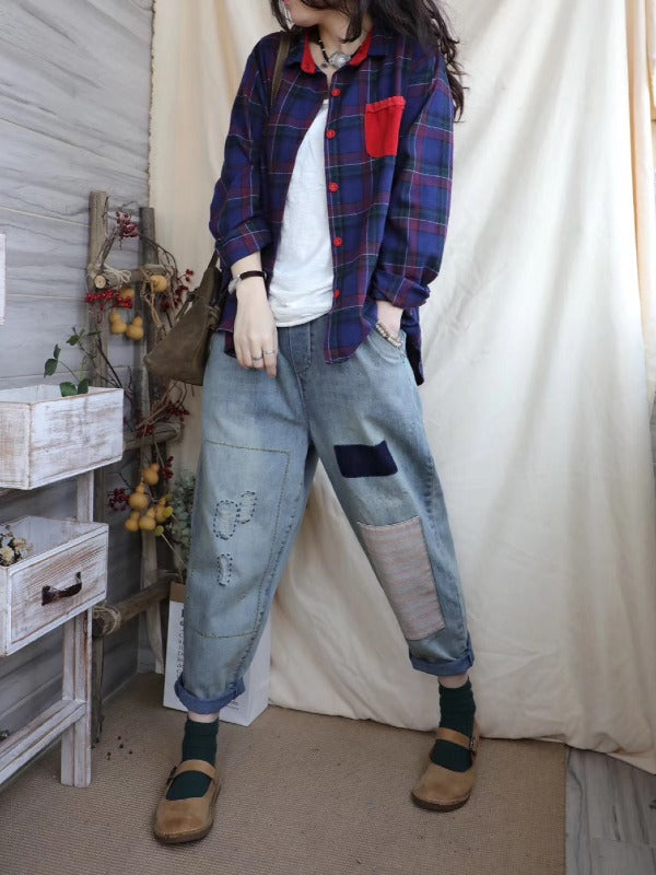 LOOSE ELASTIC WAIST SPLIT-JOINT JEAN PANTS