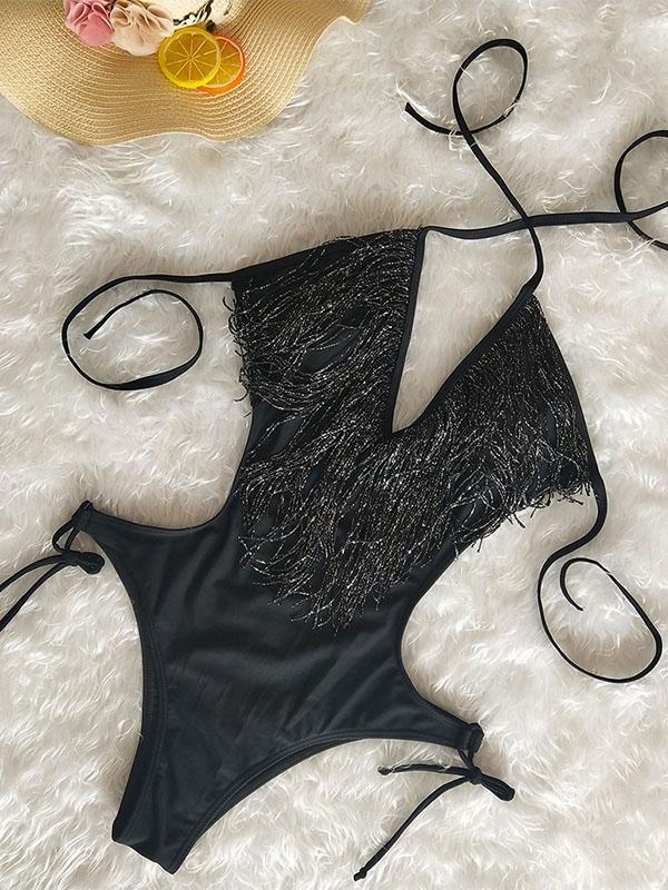 Deep V-neck Tassels Halterneck One-piece Swimwear