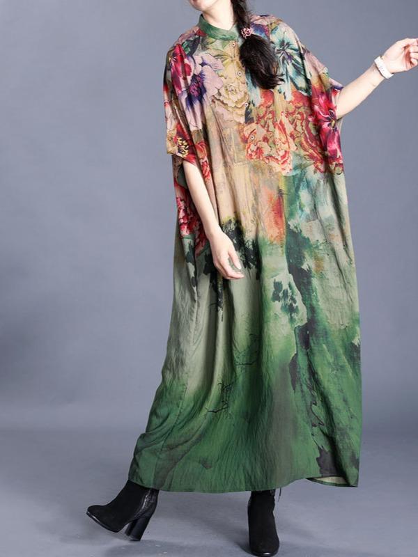 Loose Ethnic Print Silk Short Sleeve Midi Dress