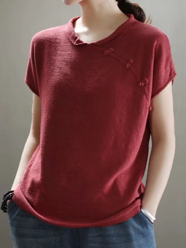 VINTAGE OBLIQUE BUCKLE KNIT STAND COLLAR T-SHIRT