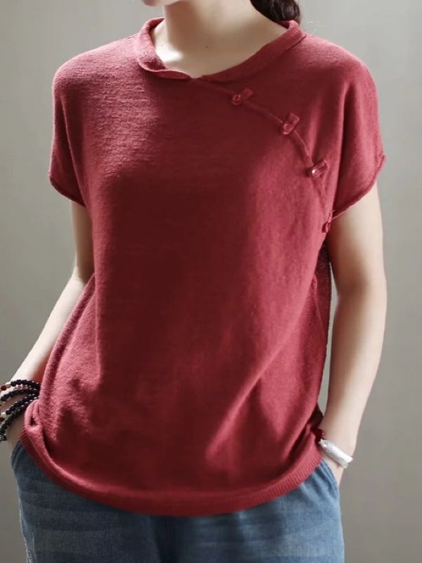 VINTAGE OBLIQUE BUCKLE KNIT STAND COLLAR T-SHIRT