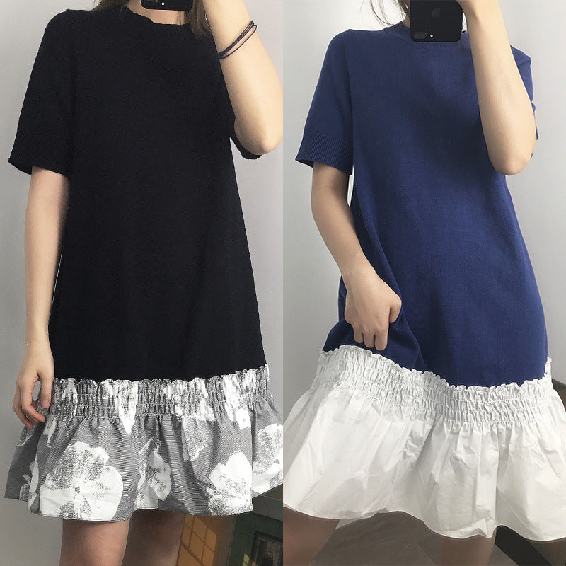 SPLICING FALBALA CONTRAST COLOR DRESS