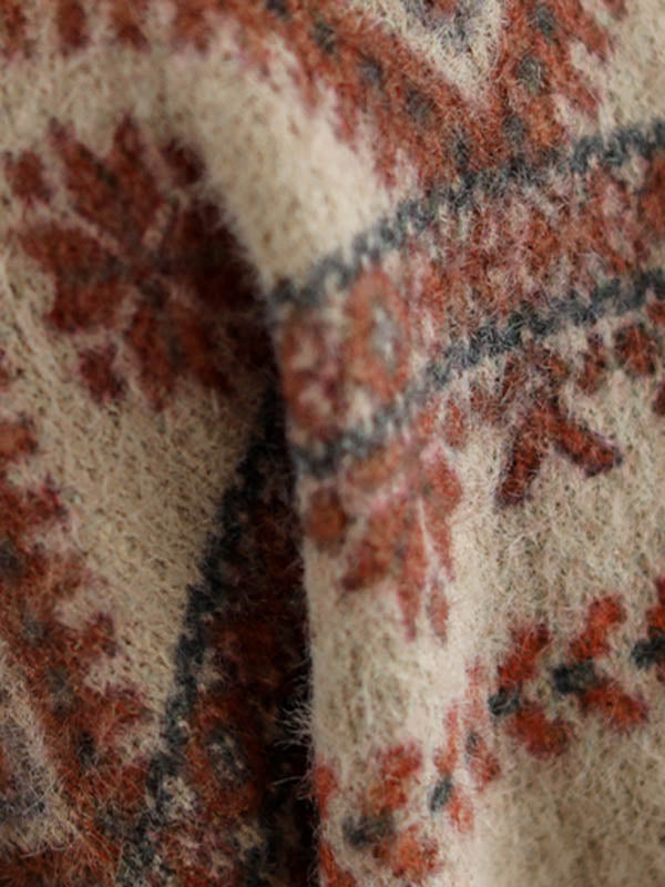 Vintage National Printed Red Striped Round-Neck Long Sleeves Knitted Sweater