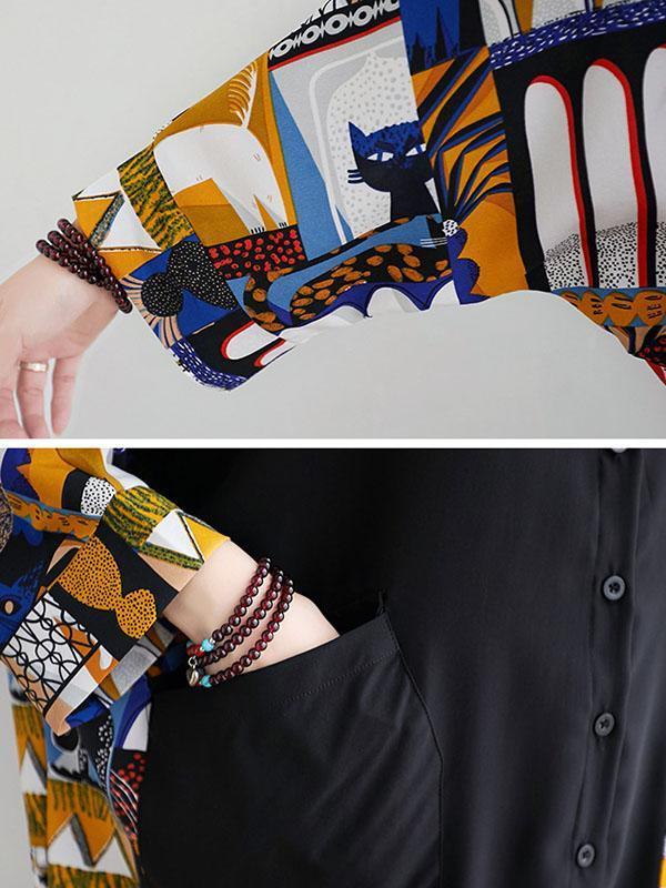 Original Cartoon Printed Round-Neck Shirt Dress