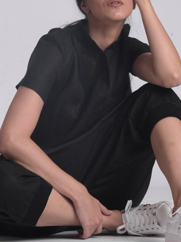 Simple Black Stand Collar Low Crotch Short Sleeves Jumpsuits