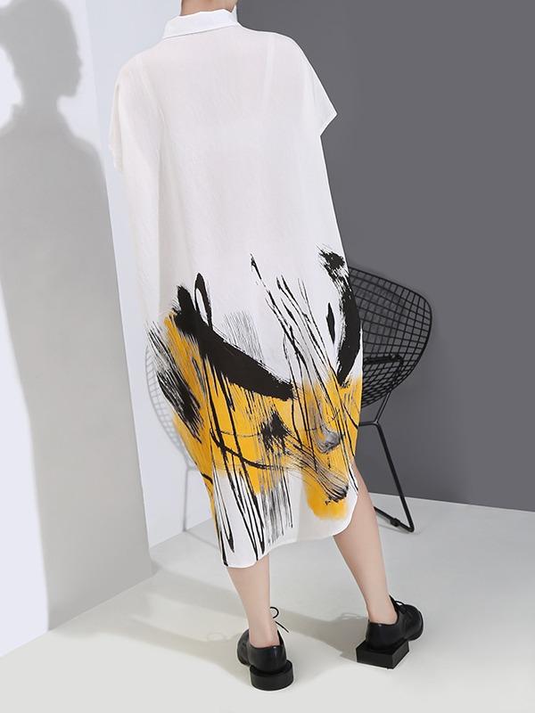 Loose Ink Print Button Shirt Midi Dress