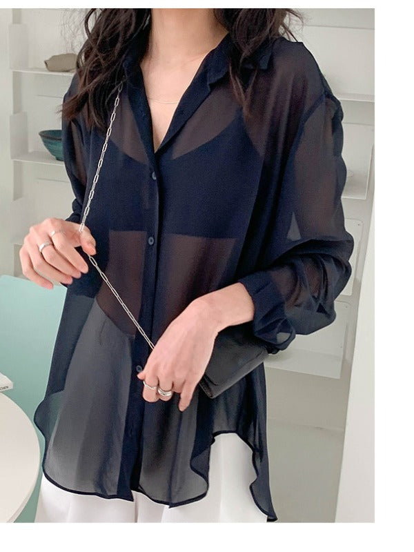 SOLID COLOR SEE-THROUGH LOOSE SHIRT