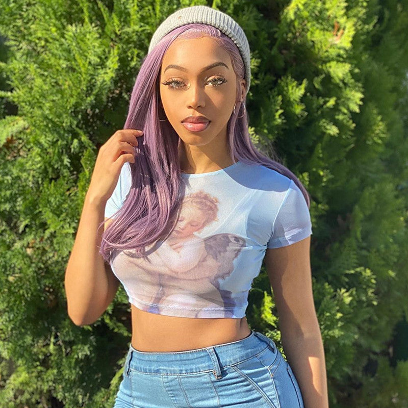 Sexy mesh cutout cute angel print short T-shirt tight bottoming shirt ACTIVEWEAR