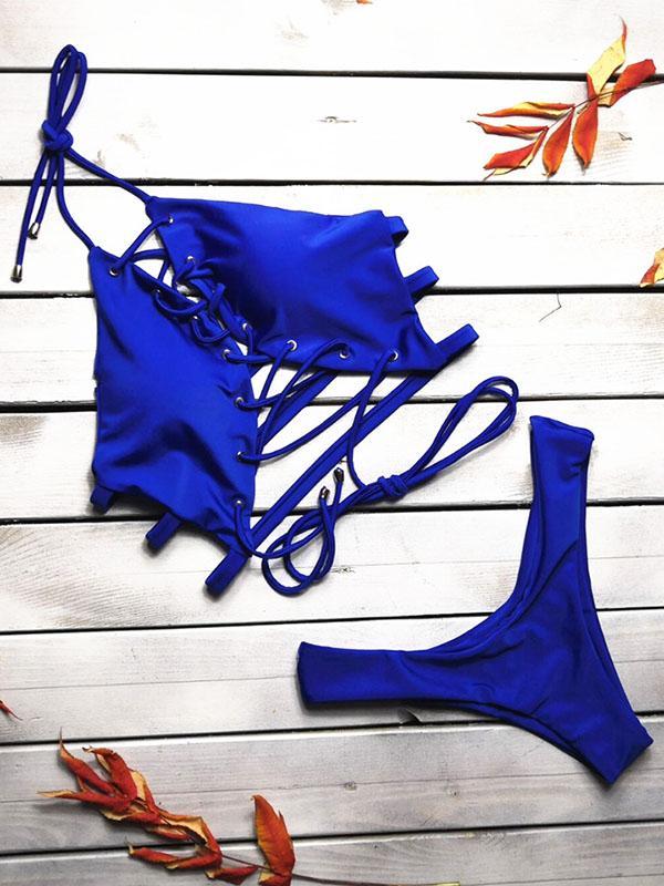Sexy Lace Up Solid Bikinis Swimwear