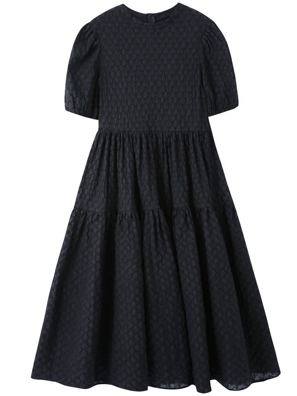 VINTAGE PUFF SLEEVE TEXTURED SOLID MIDI DRESS