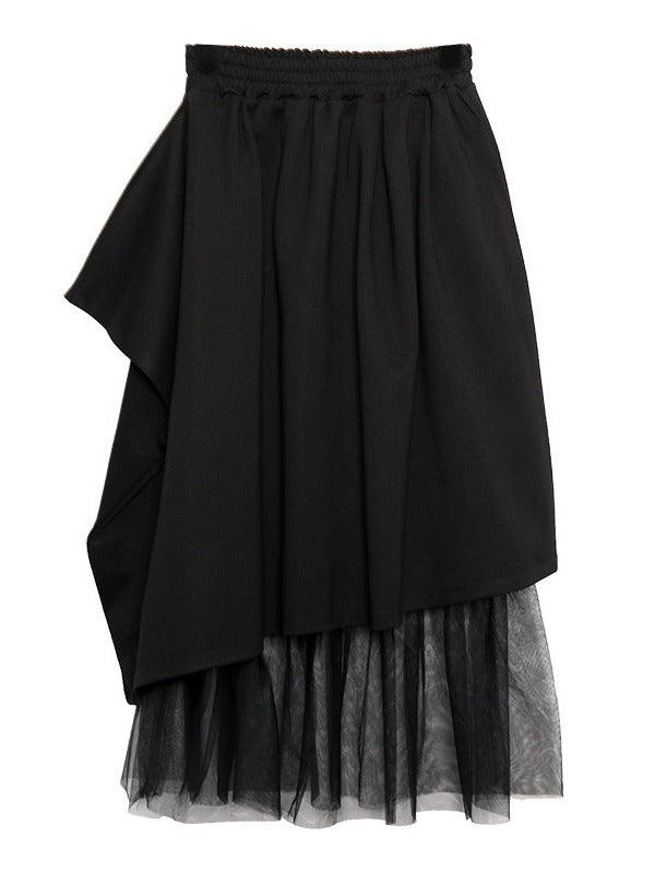 BLACK PLEATED DOUBLE LAYER MESH SKIRT