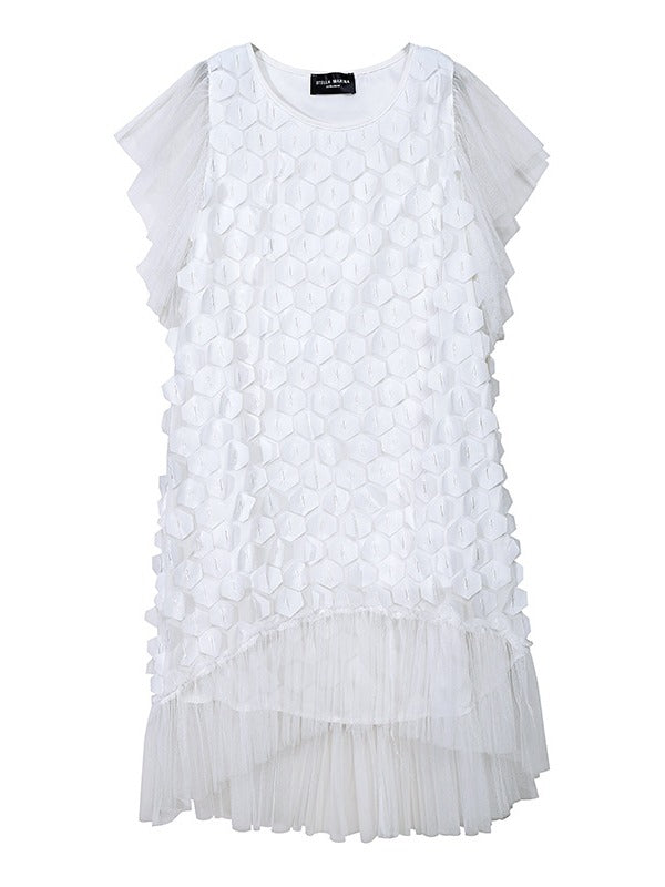 SOLID CHIFFON SPLICING PETAL SLEEVE CROPPED ROUND NECK DRESS