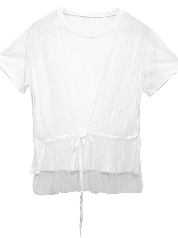MESH PLEATED LACE-UP SPLICING T-SHIRT