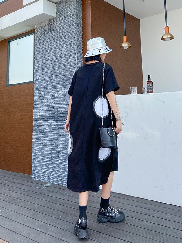 LOOSE POLKA-DOT ROUND-NECK LONG DRESS