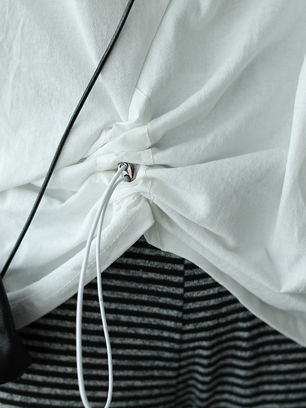 SOLID COLOR SPLICING CROPPED PLEATED T-SHIRT