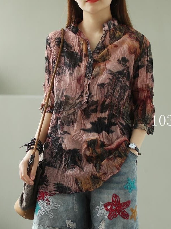 VINTAGE FLORAL THREE-QUARTER SLEEVE STAND COLLAR SHIRT