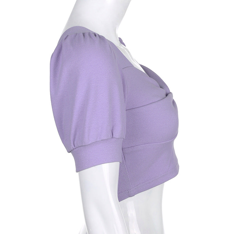 Retro slim puff sleeves T-shirt pleated top ACTIVEWEAR