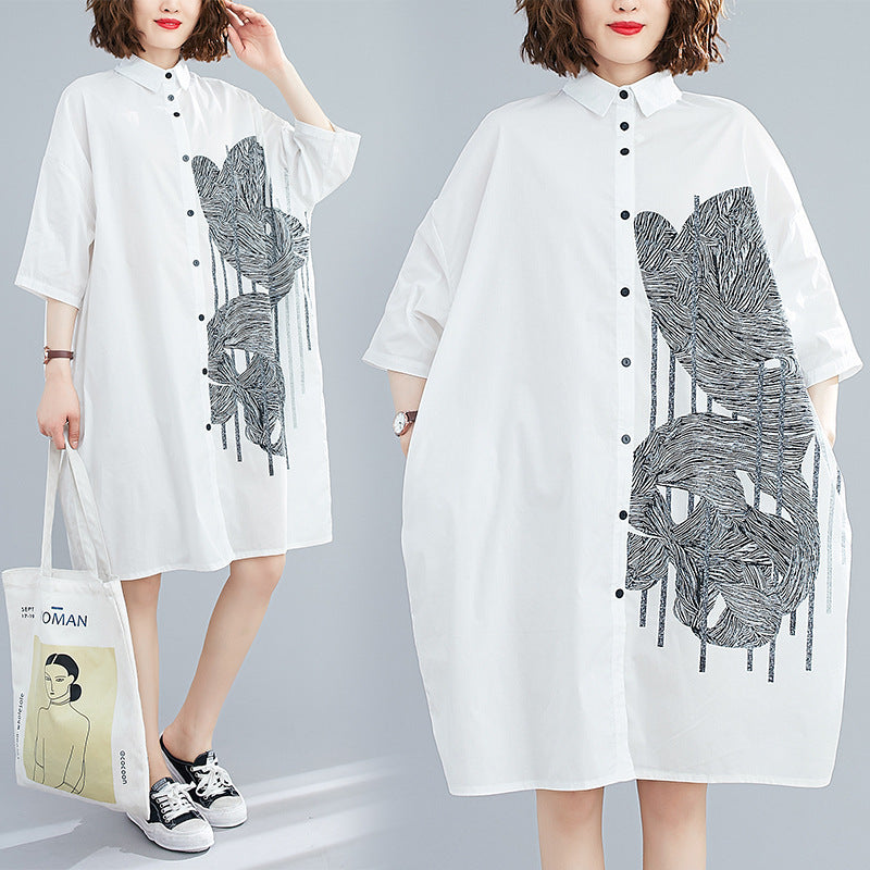 LOOSE WHITE PRINTED LAPEL BLOUSE DRESS