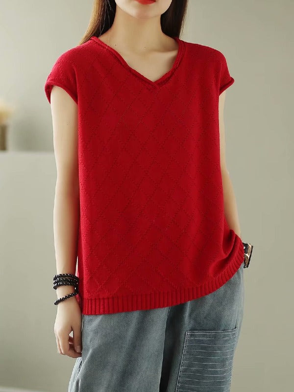 SOLID KNITTING RHOMBUS V-NECK T-SHIRT