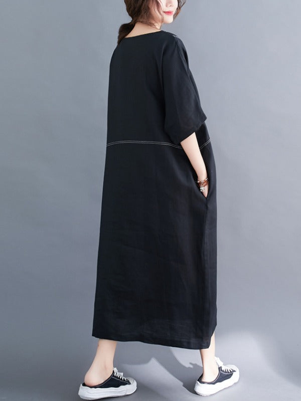 Loose Split-Joint Round-Neck Long Dress