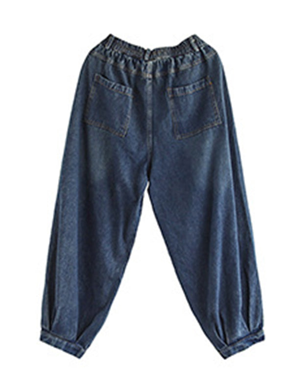 Casual Elastic Waist Wide Leg With Large Pocket Jean Pants