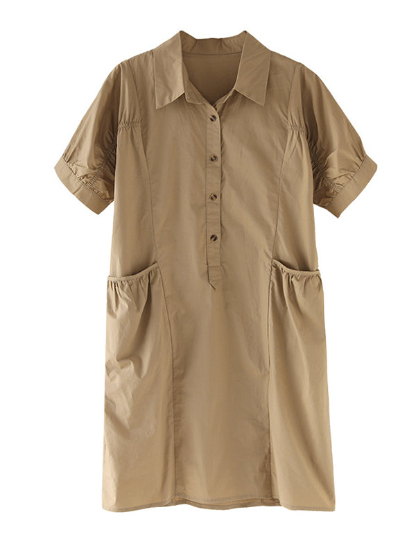 Casual Solid Color Pleated Elasticity Buttoned Split-Joint With Pocket Lapel Collar Short Sleeves Mini Dress