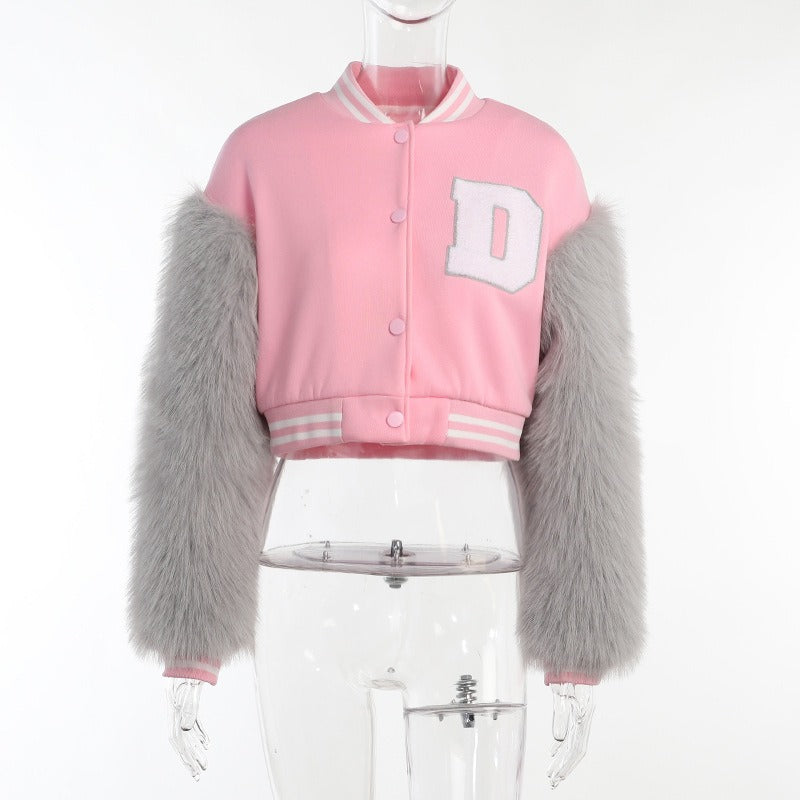 Faux Fur Sleeves Baseball Uniform