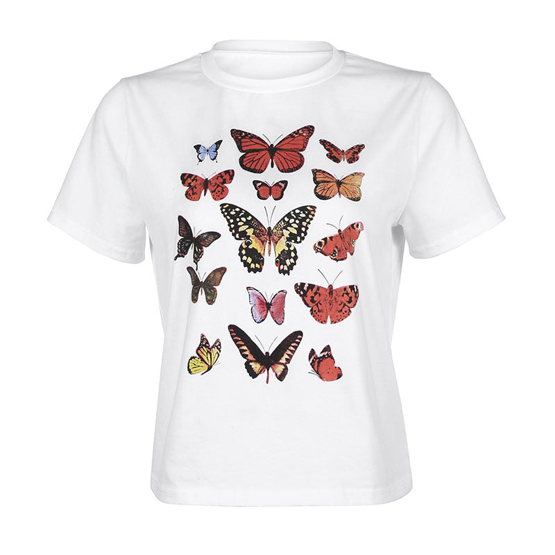 loose thin color butterfly print short-sleeved casual wild top ACTIVEWEAR