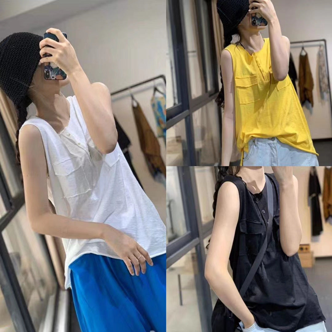 LOOSE SOLID SLEEVELESS POCKET VEST