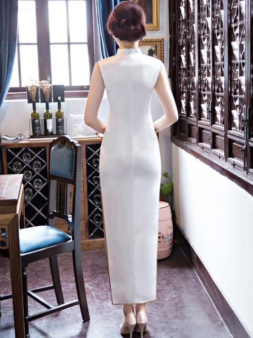 White Lotus Print Long Cheongsam Dress