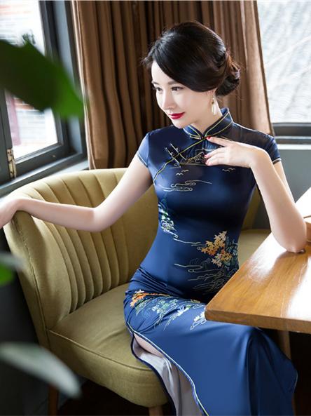 Navy Blue Printed Stand-collar Long Cheongsam