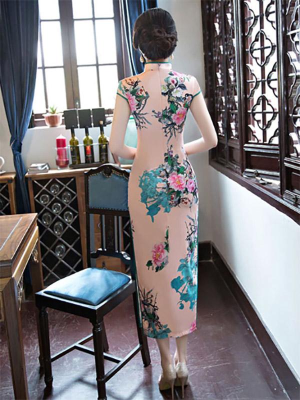 Pink Peony-print Split-side Long Cheongsam
