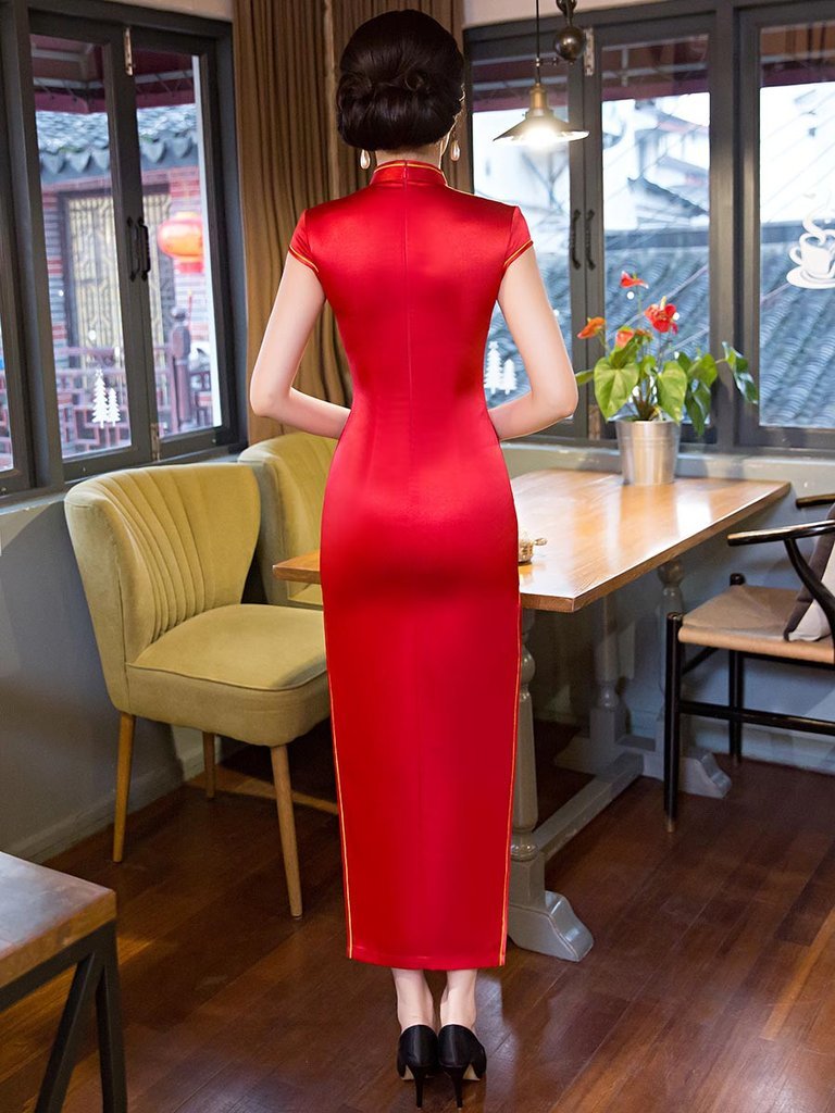 Red Embroidery Side Split Long Cheongsam